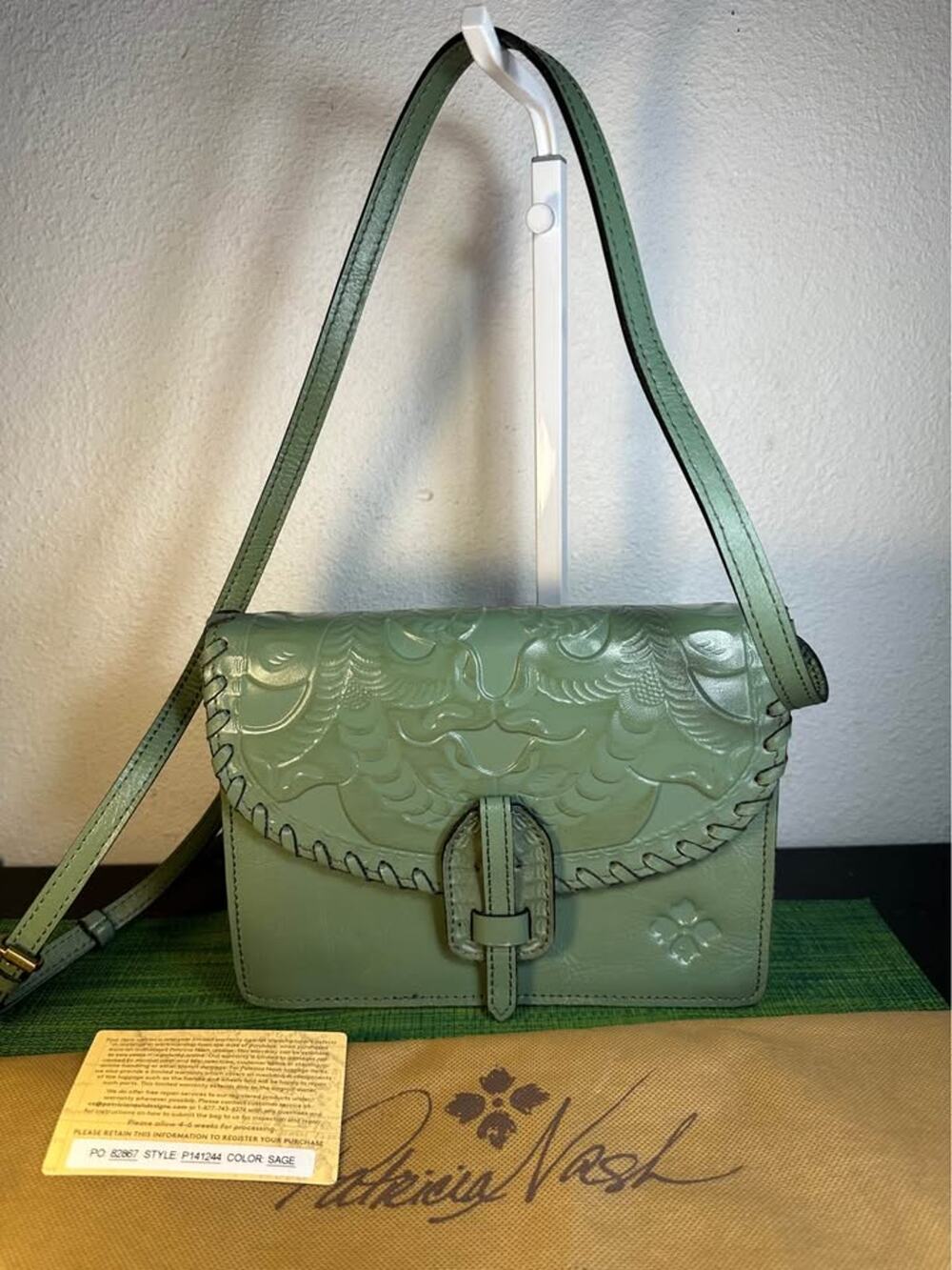 Patricia Nash Lanza Tooled Leather Crossbody Bag Organizer Sage Green - NWOT